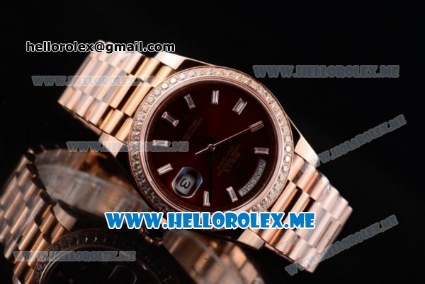 Rolex Day-Date Swiss ETA 2836 Automatic Rose Gold Case/Bracelet with Brown Dial and Stick Markers Diamonds Bezel (BP) - Click Image to Close
